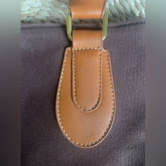 Brown canvas and camel vegan leather small tote bag - Picture 7 of 8